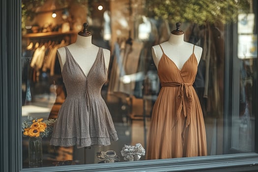 A glass display case in a clothing store displays women's summer muslin dresses on mannequins. Generated by artificial intelligence photo
