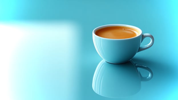A pure white coffee cup filled with warm beverage stands alone on a glossy reflective surface, with a striking blue backdrop highlighting its simplicity. photo