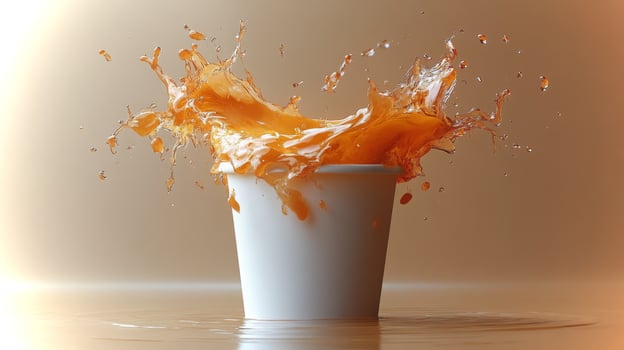 A vibrant orange liquid splashes dramatically from a white cup, surrounded by water droplets, creating a lively and engaging visual experience. photo