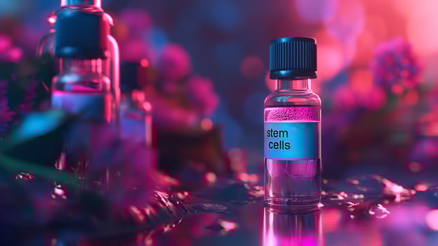 This Several vials labeled stem cells are placed among soft glowing colorful lights in a lab environment. photo