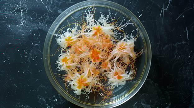 This Cultured stem cells display vibrant growth patterns in a laboratory dish under observation. photo