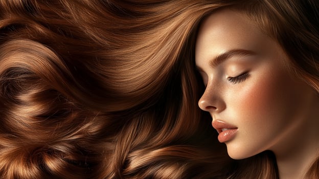 Portrait of woman with long, flowing, and wavy hair, embodying beauty, and haircare. Brown hue evokes warmth and depth. photo