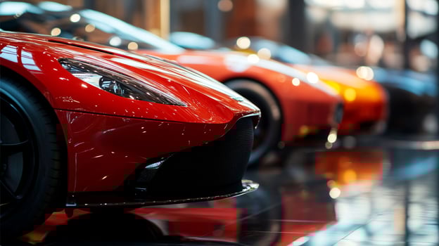 A line of sleek, modern sports cars in vibrant shades of red and orange showcased on a glossy floor in a well-lit showroom. photo