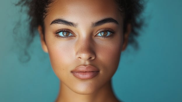 A stunning portrait of a woman showcases her captivating beauty. Her eyes are mesmerizing against the neutral backdrop. photo