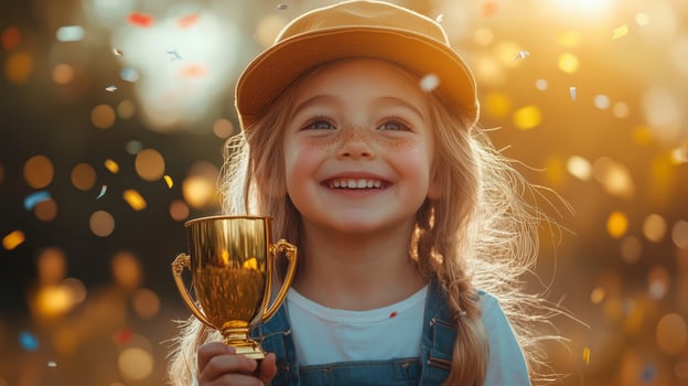 A child is holding a golden trophy, looking upwards photo