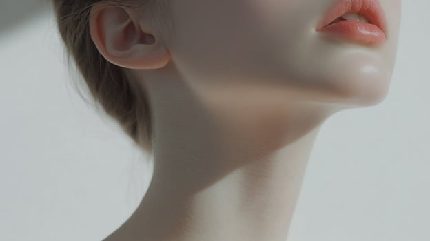 Elegant portrait of a woman showcasing delicate features. The soft lighting enhances her natural beauty with light blush hues. photo