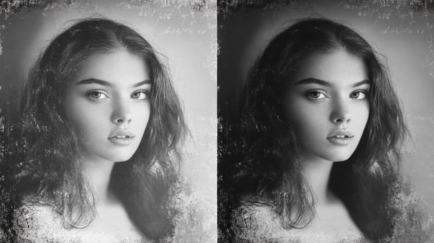 Monochromatic portrait showcasing the beauty of symmetry and the contrast of light and shadow highlighting facial features. photo