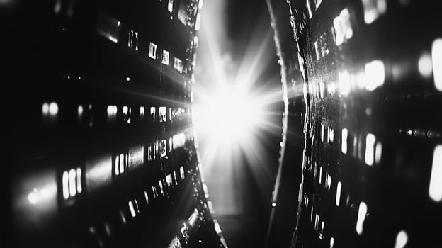 Black and white abstract view of light between buildings creates a dynamic cityscape, emphasizing contrast and urban energy. photo