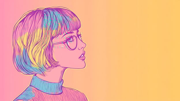 Stylized portrait of a person with colorful hair and glasses gazing upwards in a bright, vibrant illustration with a minimalist aesthetic. photo