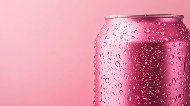A vibrant pink beverage can, covered in refreshing water droplets, against a soft pink backdrop. Perfectly chilled and visually appealing. photo