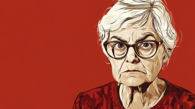 Illustration of a senior woman with a serious expression, wearing glasses, against a red background with neutral facial expression. photo