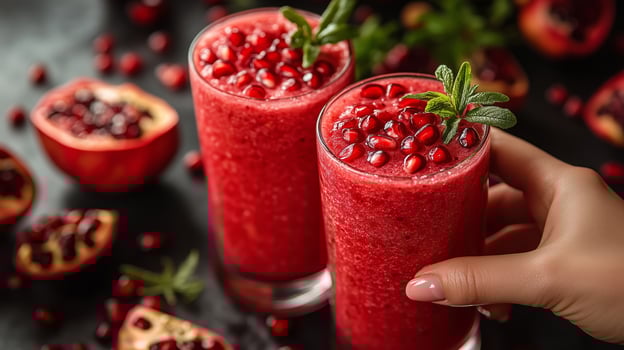Two glasses of pomegranate smoothie with fresh pomegranate photo