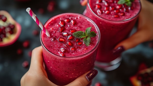 Two glasses of pomegranate smoothie with mint leaves photo