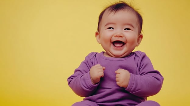 Cheerful baby laughing heartily in a purple outfit against a bright yellow background, radiating joy and happiness with a big smile. photo