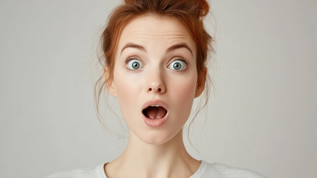 Surprised redhead woman with wide eyes and open mouth expressing shock and astonishment against a plain background, showcasing extreme emotion. photo