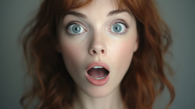 Shocked redhead with wide eyes and open mouth. Emotional expression portrait of a surprised woman with vibrant auburn hair. photo