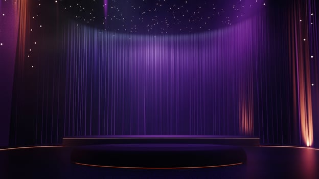 Dramatic stage backdrop with purple curtains and platform, set against a starry night sky for an event or performance space. photo