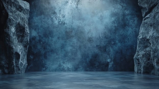 Moody interior of a rugged stone cavern with light illuminating the textured backdrop. The rough-hewn rocks frame the scene in darkness. photo