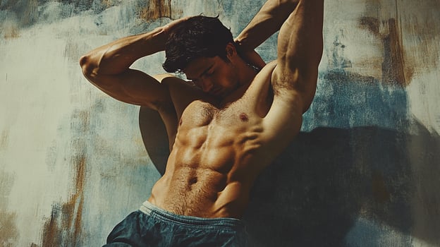 Athletic man showcasing sculpted physique, resting against textured wall, exuding strength and fitness, captured in a striking studio portrait. photo
