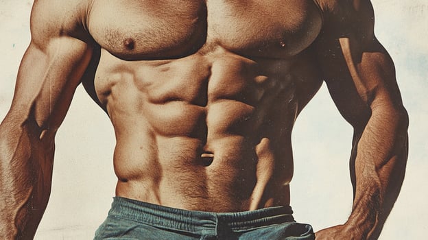 Detailed view of a very muscular torso showcasing well-defined abs, chest, and arms, highlighting dedication to physical fitness. photo