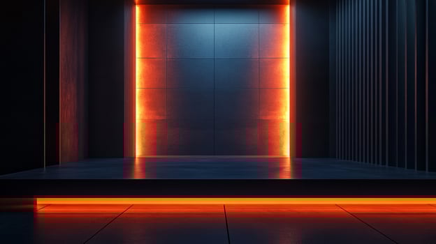Modern architectural space featuring illuminated orange accents against dark textured walls, creating a dramatic, minimalist environment. photo