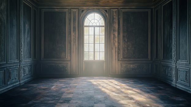 An empty room with patterned dark walls and a large window that casts light on the floor. An abandoned room waiting for a purpose. photo