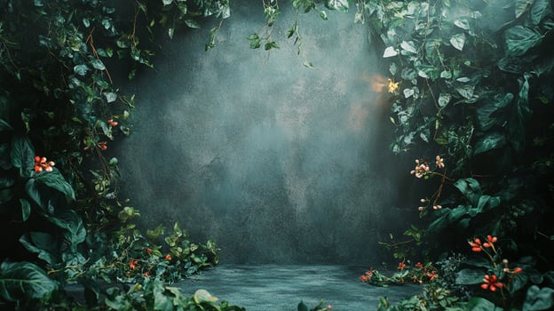 Lush garden path with a mossy backdrop, intertwining vines and verdant foliage creates a captivating, dreamy atmosphere. photo
