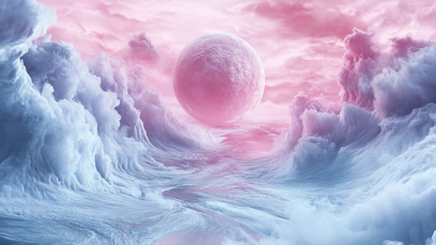 A surreal sky with a dreamy aesthetic showcases a large celestial sphere suspended above swirling clouds of blue and pink hues, ethereal. photo