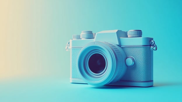Vintage camera on a bright blue backdrop, captures the essence of classic photography. The camera is monochrome, modern and simple. photo