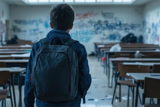 Student navigating a neglected and hazardous school atmosphere filled with graffiti and scattered debris photo