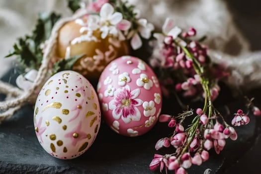 Three decorated easter eggs with flowers on a black background photo