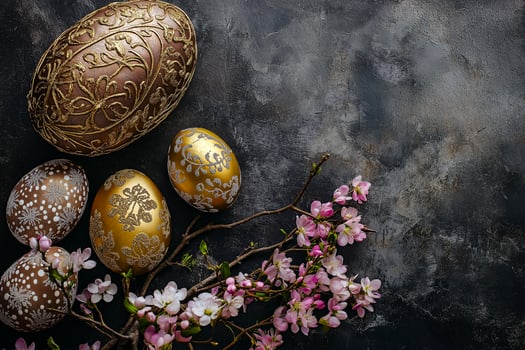 Easter eggs on a black background with flowers photo