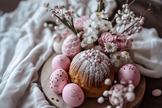 Pink and white easter eggs on a plate photo