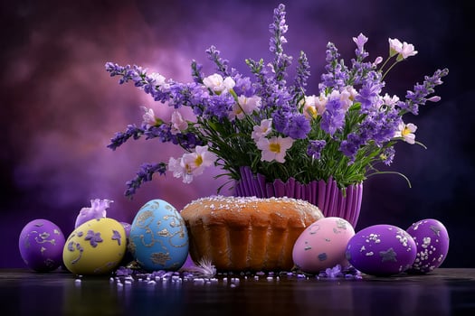 Easter flowers, easter eggs, and a cake are on a table photo