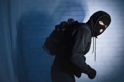 Marauding Concept. Stealthy criminal wearing black mask and hooded sweatshirt sneaking in house at night photo