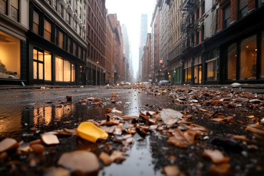 Crowded street in disarray after building facade collapse due to heavy spring rains and debris scattered everywhere photo
