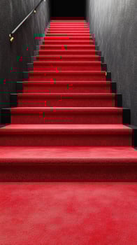 Red carpet stairs leading to an entrance in a dimly lit venue creating a glamorous atmosphere for events photo