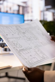 Architect looking at blueprint to scale of house room drawn in architectural engineering software. Close up of designer in office handling the planning and designing of building photo