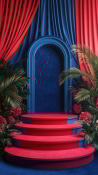 Stylish entrance with red and blue drapes, lush greenery, and vibrant floral decor creates an inviting atmosphere photo