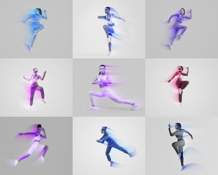 A vibrant collage displays multiple fit individuals in various athletic poses, emphasizing movement and energy. photo