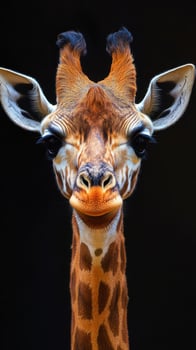Giraffe portrait with striking features captured in close-up against a dark background photo