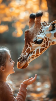 Child interacts with a giraffe in a serene forest during a warm, golden afternoon photo