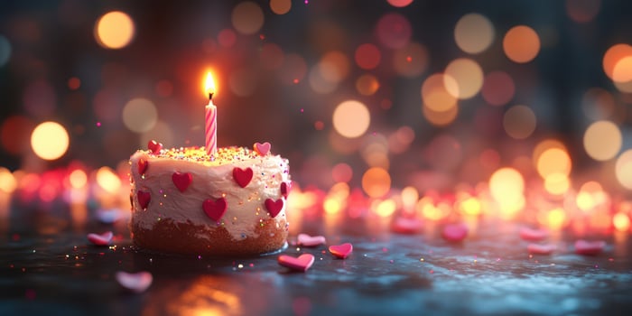 Celebrating love with a heart-themed cake featuring a candle in a warm, festive atmosphere during an evening gathering photo