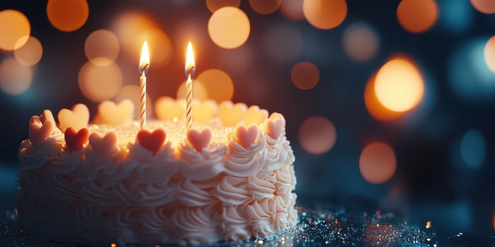 Festive birthday cake with candles and heart decorations illuminated by warm bokeh lights in celebration setting photo