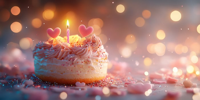 Heart-shaped cake decorated with pink frosting and sparkles for a romantic celebration during evening time photo