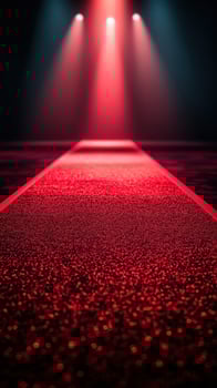 Dramatic red runway illuminated by glowing lights during an evening fashion event photo
