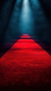 Red carpet pathway illuminated under dramatic lighting in an event space at night photo