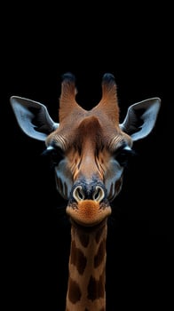 Giraffe curiously looking forward with intense gaze against a solid black background, showcasing unique facial features and textures photo