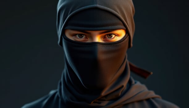 Mysterious Woman in Black Ninja Mask, Intense Gaze, Dark Background photo