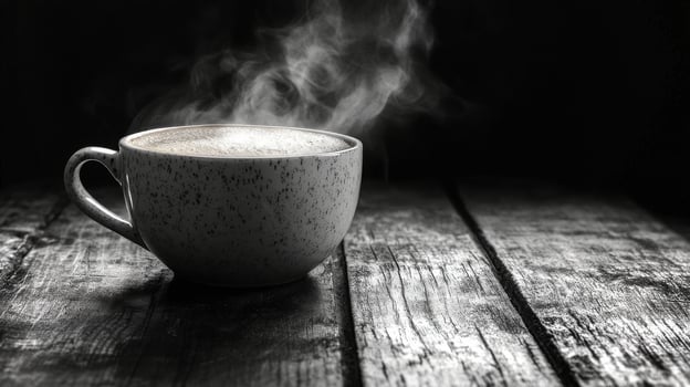 A steaming cup of coffee rests on a rustic wooden table, enveloped in dramatic black-and-white tones that enhance the cozy atmosphere. photo